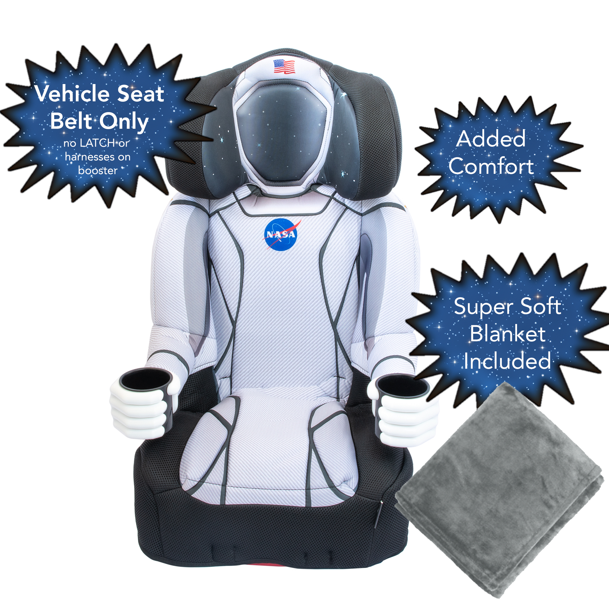 KidsEmbrace NASA Astronaut High Back Booster Car Seat (NO HARNESS - NO LATCH) For Children weighing 40-100lbs - Grey Blanket Included