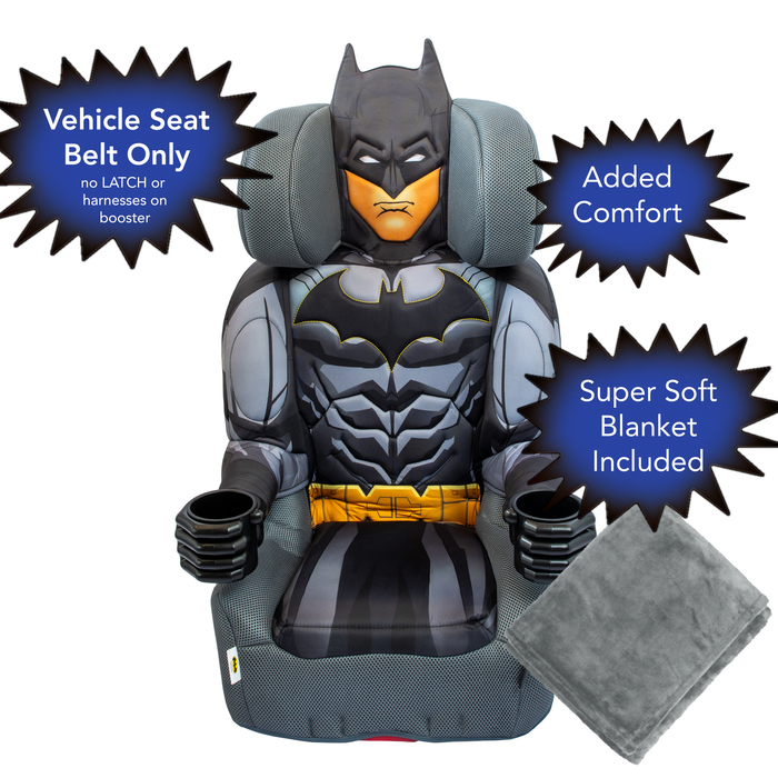 KidsEmbrace DC Comics Batman Caped Crusader High Back Booster Car Seat (NO HARNESS - NO LATCH) For Children weighing 40-100lbs - Grey Blanket Included