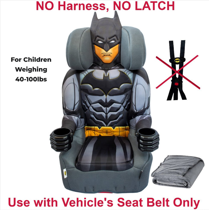 KidsEmbrace DC Comics Batman Caped Crusader High Back Booster Car Seat (NO HARNESS - NO LATCH) For Children weighing 40-100lbs - Grey Blanket Included